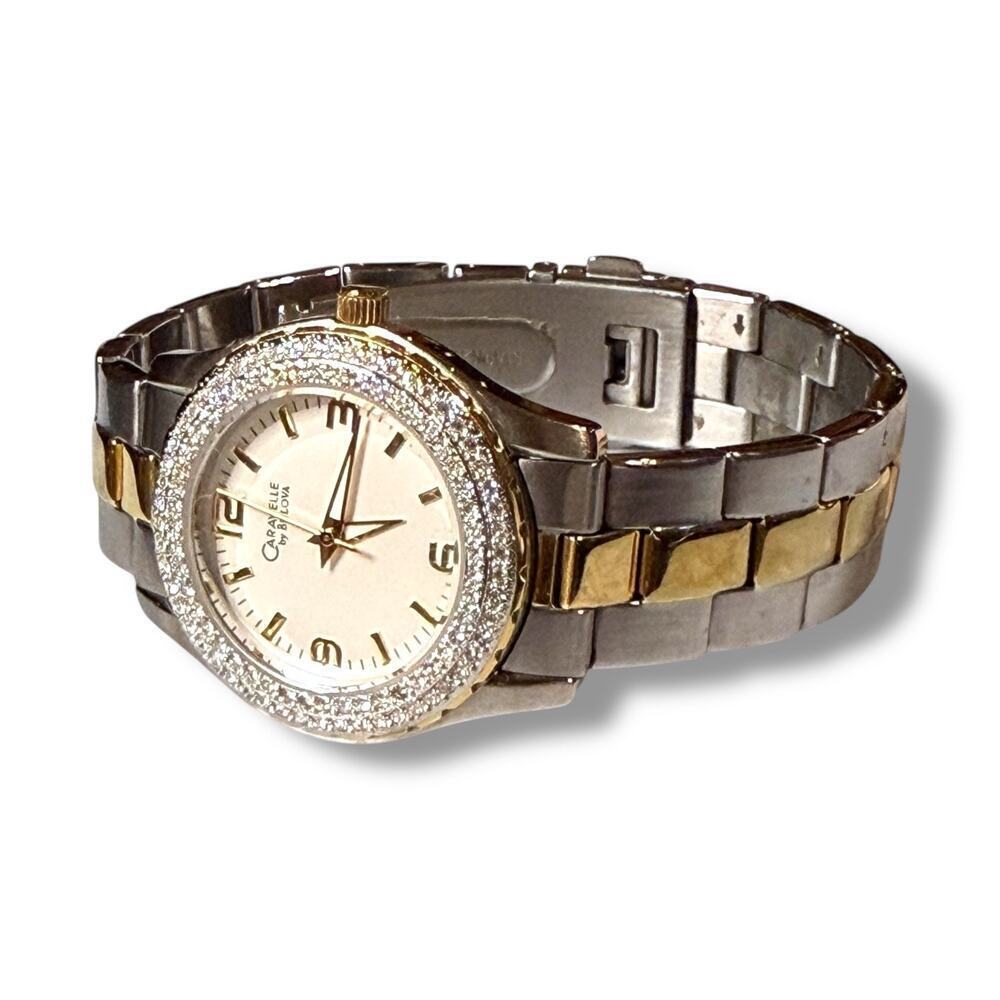 Caravelle by Bulova Watch Womens Two Tone Stainless Rhinestone Bezel Quartz RUNS